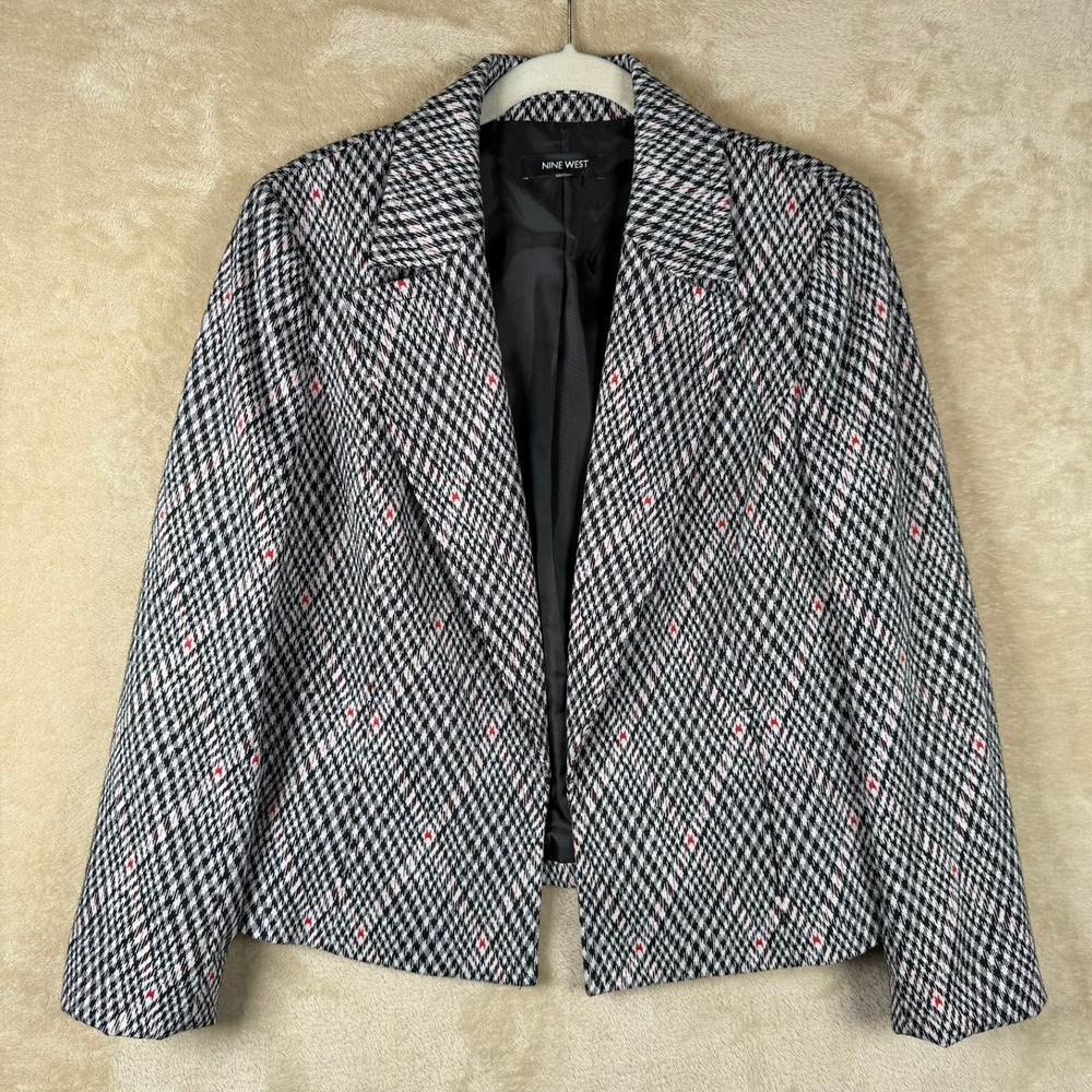 Nine West Houndstooth Blazer‎ Red Dot Accent Open Front Womens M Office Classic